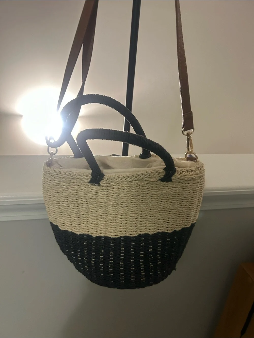 Marabelle Woven Two-Tone Black & Cream Straw bucket Tote Bag